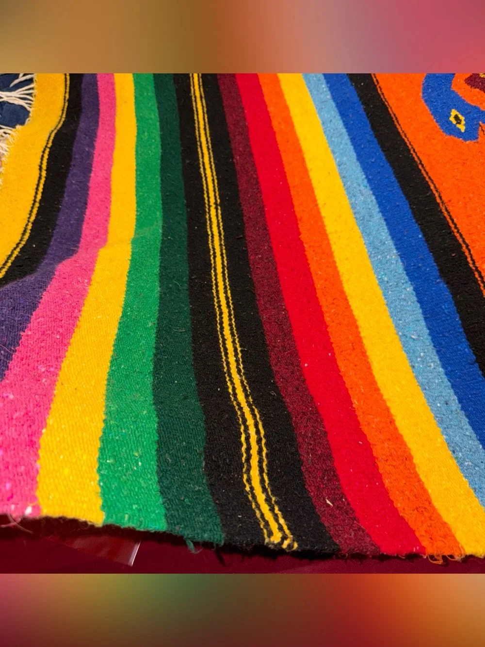 Vintage Hand Woven CANCUN Mexico Rainbow Blanket Throw Eagle Snake 80” X 50” Vtg
